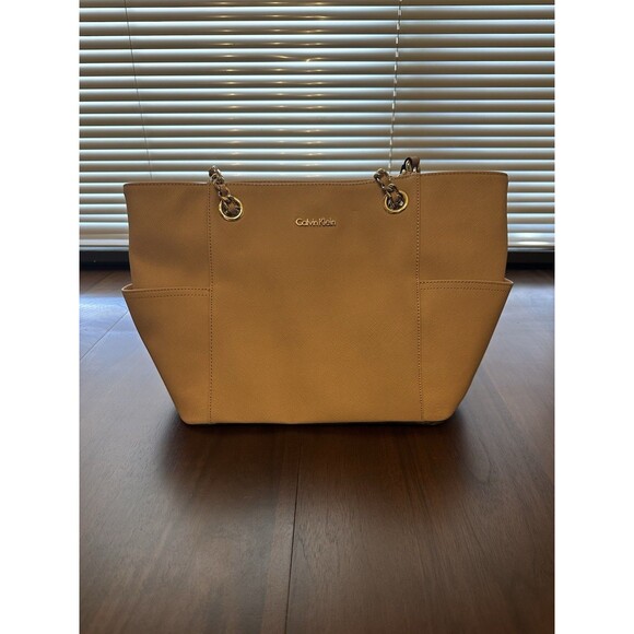 Calvin Klein Handbags - Calvin Klein Beige Saffiano Leather Chain-Trimmed Tote Bag
